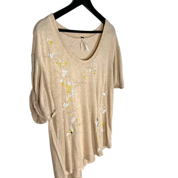 Free People Cream Embroidered Floral Hummingbird Short Sleeve Top Large - Picture 2 of 7